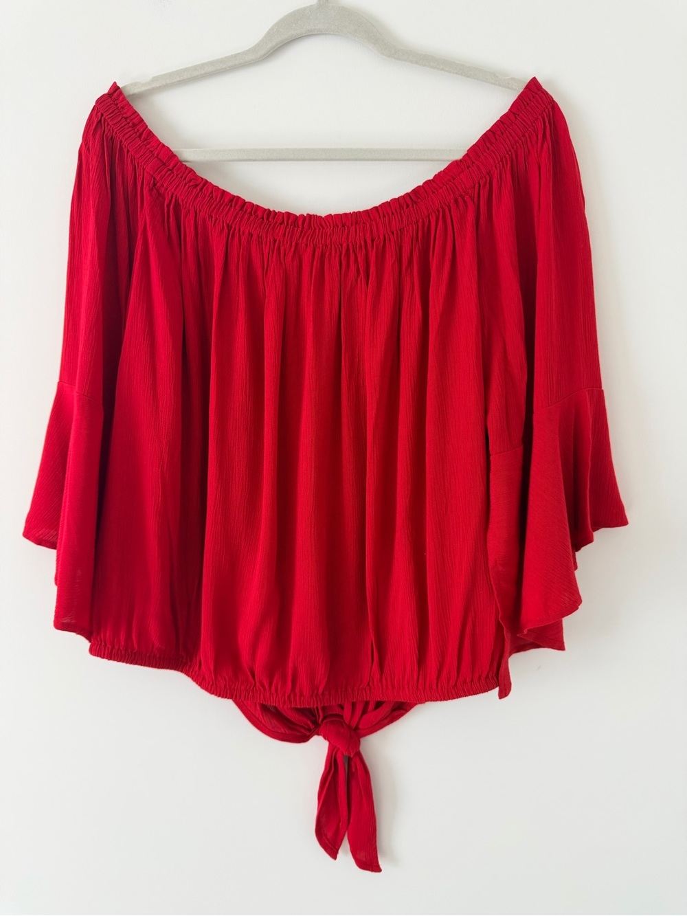Express Red Off-the-Shoulder Tie-Hem Blouse - Picture 5 of 6